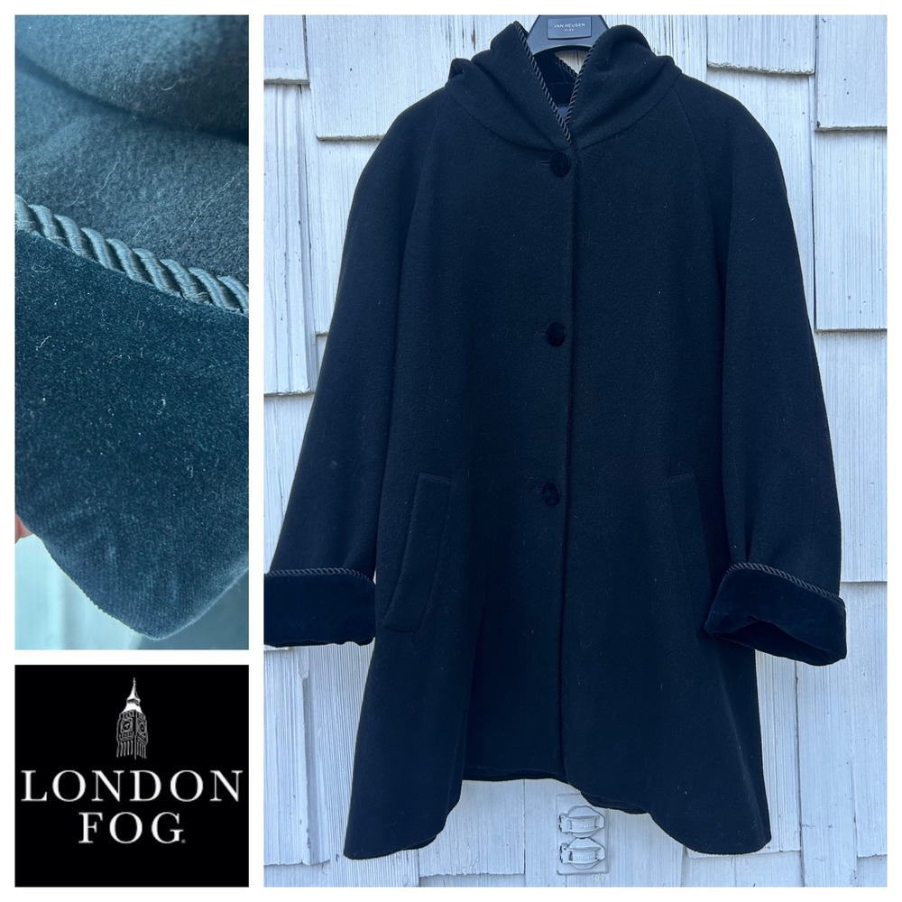 London Fog Black Hooded Wool Blend‎ Coat Women's  Velvet Trim Rope Detail